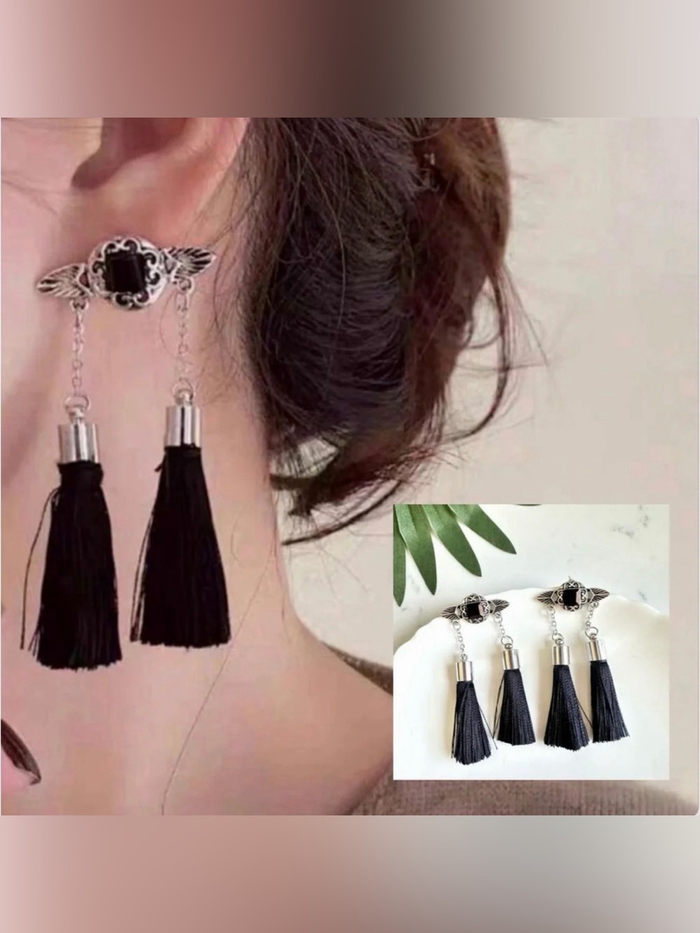 2/$30🌵 Black Tassel Earrings Double Sided Black Stone Fringe Western Gift NEW